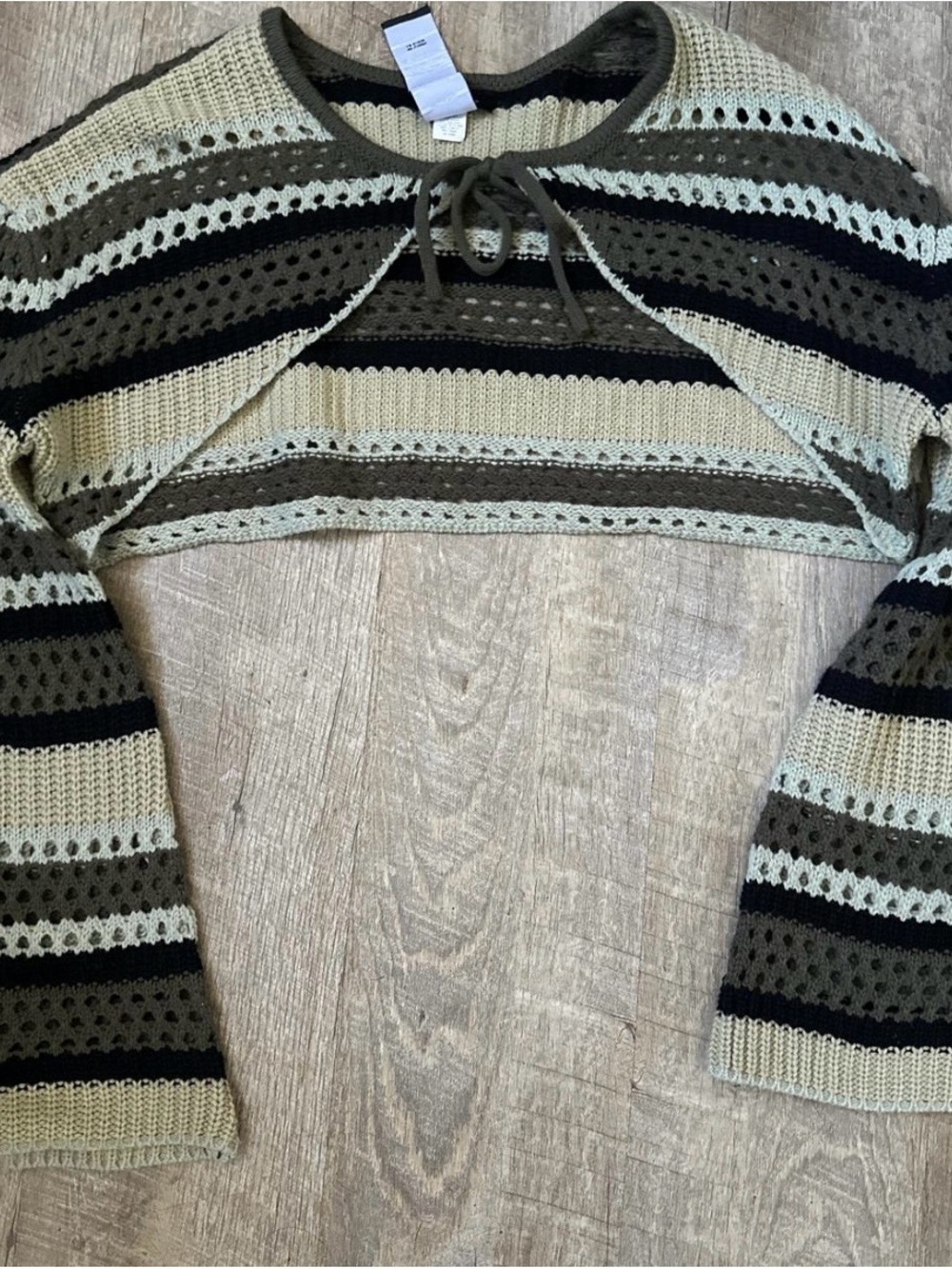Social Collision Striped Olive & Cream Crochet Bolero